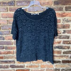 Tape Measure Vintage Black Floral Lace Short Sleeve Blouse Women's Size 2X